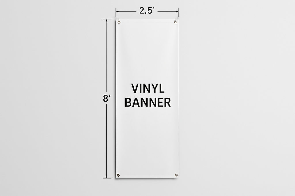 Can you help me generate a product image of a hanging vinyl banner that shows the measurements of 2.5‘ x 8‘ on the outside to show how big the banner is