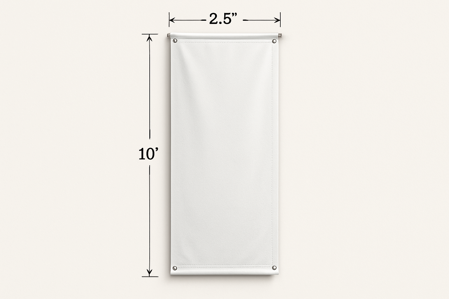 Hanging vinyl banner that shows the measurements 2.5’ x 10’ on the outside of the banner to show how big the banner is