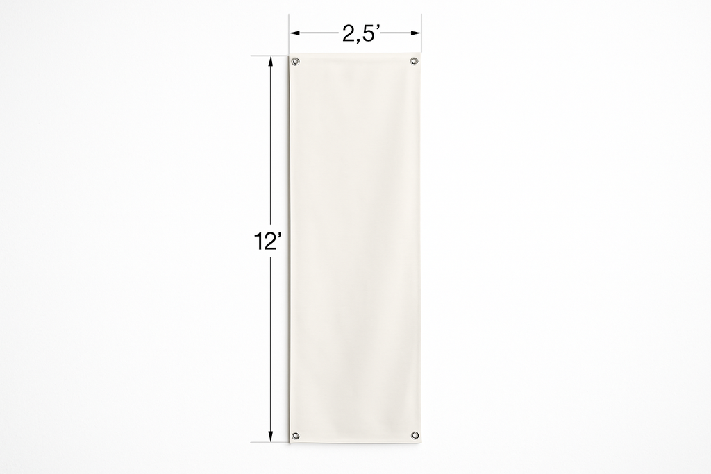 Hanging vinyl banner that shows the measurements 2.5’ x 12’ on the outside of the banner to show how big the banner is