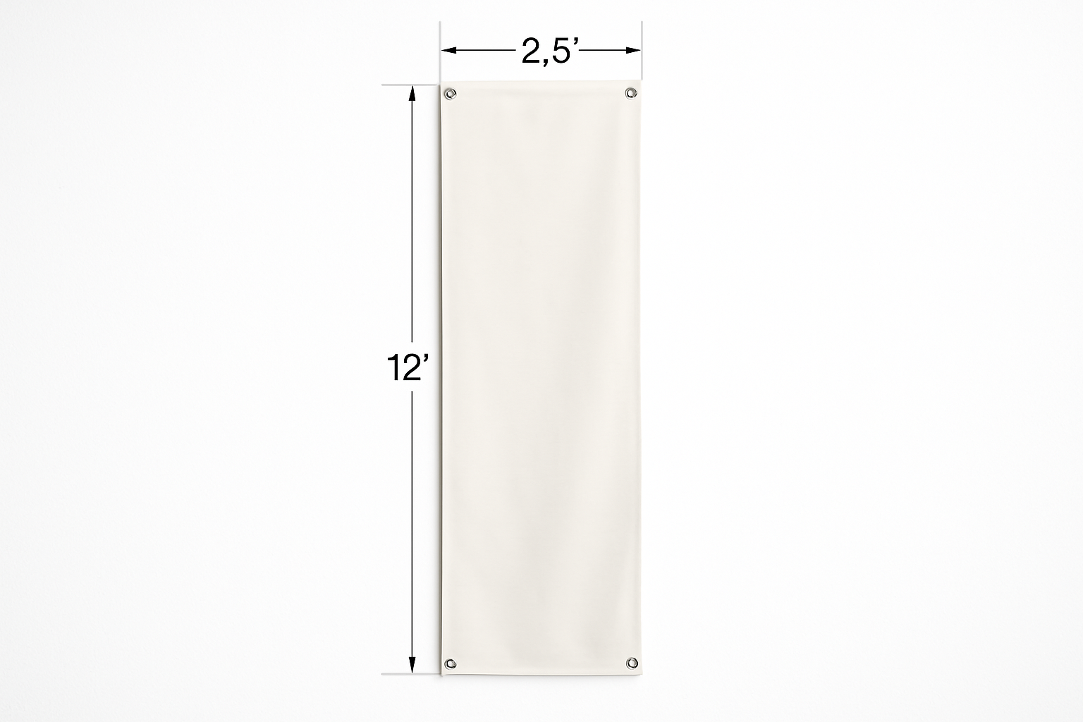 Hanging vinyl banner that shows the measurements 2.5’ x 12’ on the outside of the banner to show how big the banner is