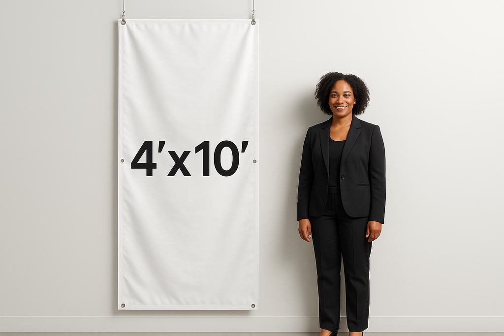 Hanging vinyl banner that shows the measurements 4’ x 10’ on the outside of the banner to show how big the banner is With an adult black female standing next to it that is adverage height