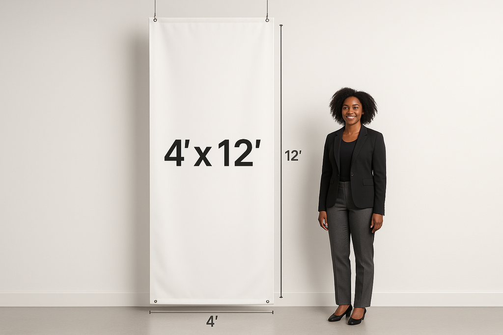 Hanging vinyl banner that shows the measurements 4’ x 12’ on the outside of the banner to show how big the banner is With an adult black female standing next to it that is adverage height