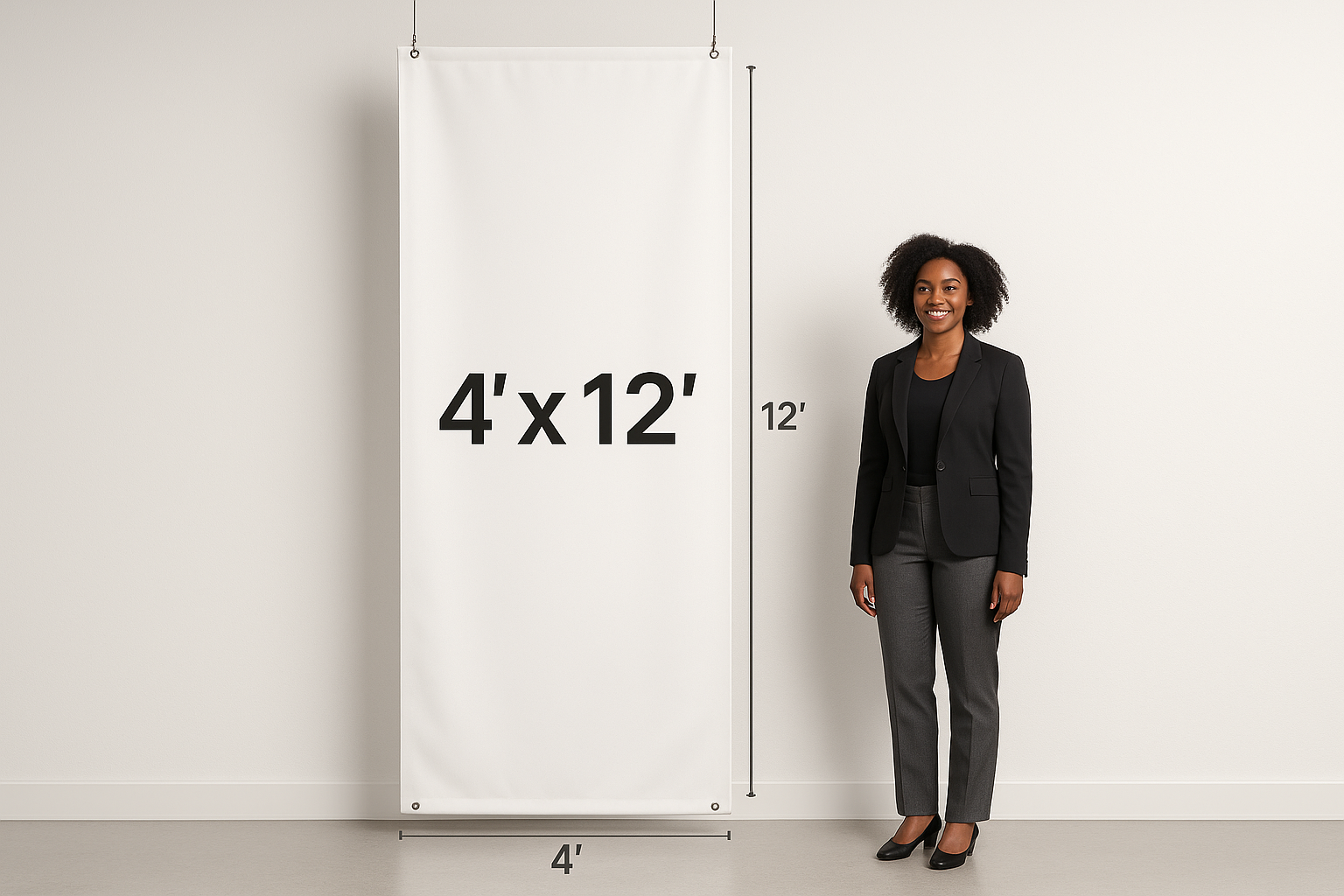 Hanging vinyl banner that shows the measurements 4’ x 12’ on the outside of the banner to show how big the banner is With an adult black female standing next to it that is adverage height