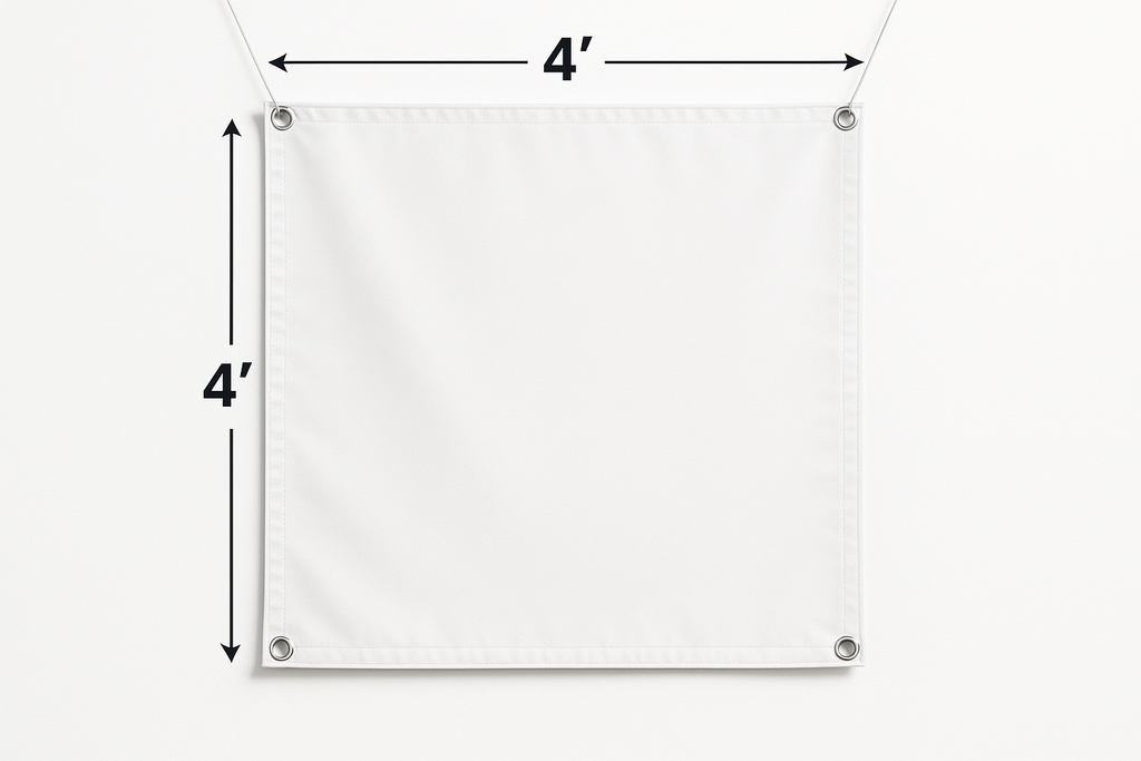 Hanging vinyl banner that shows the measurements 4’ x 4’ on the outside of the banner to show how big the banner is