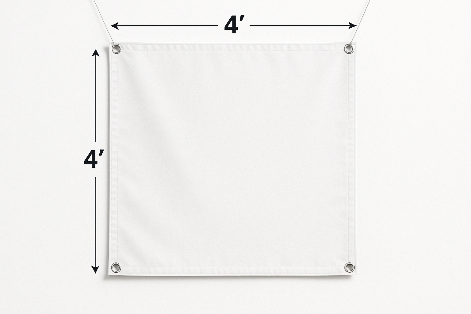 Hanging vinyl banner that shows the measurements 4’ x 4’ on the outside of the banner to show how big the banner is