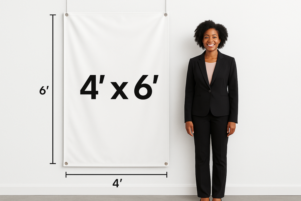Hanging vinyl banner that shows the measurements 4’ x 6’ on the outside of the banner to show how big the banner is With an adult black female standing next to it that is adverage height