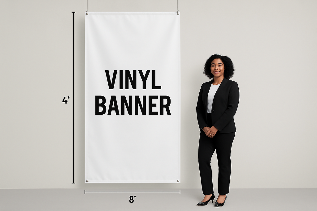 Hanging vinyl banner that shows the measurements 4’ x 8’ on the outside of the banner to show how big the banner is With an adult black female standing next to it that is adverage height