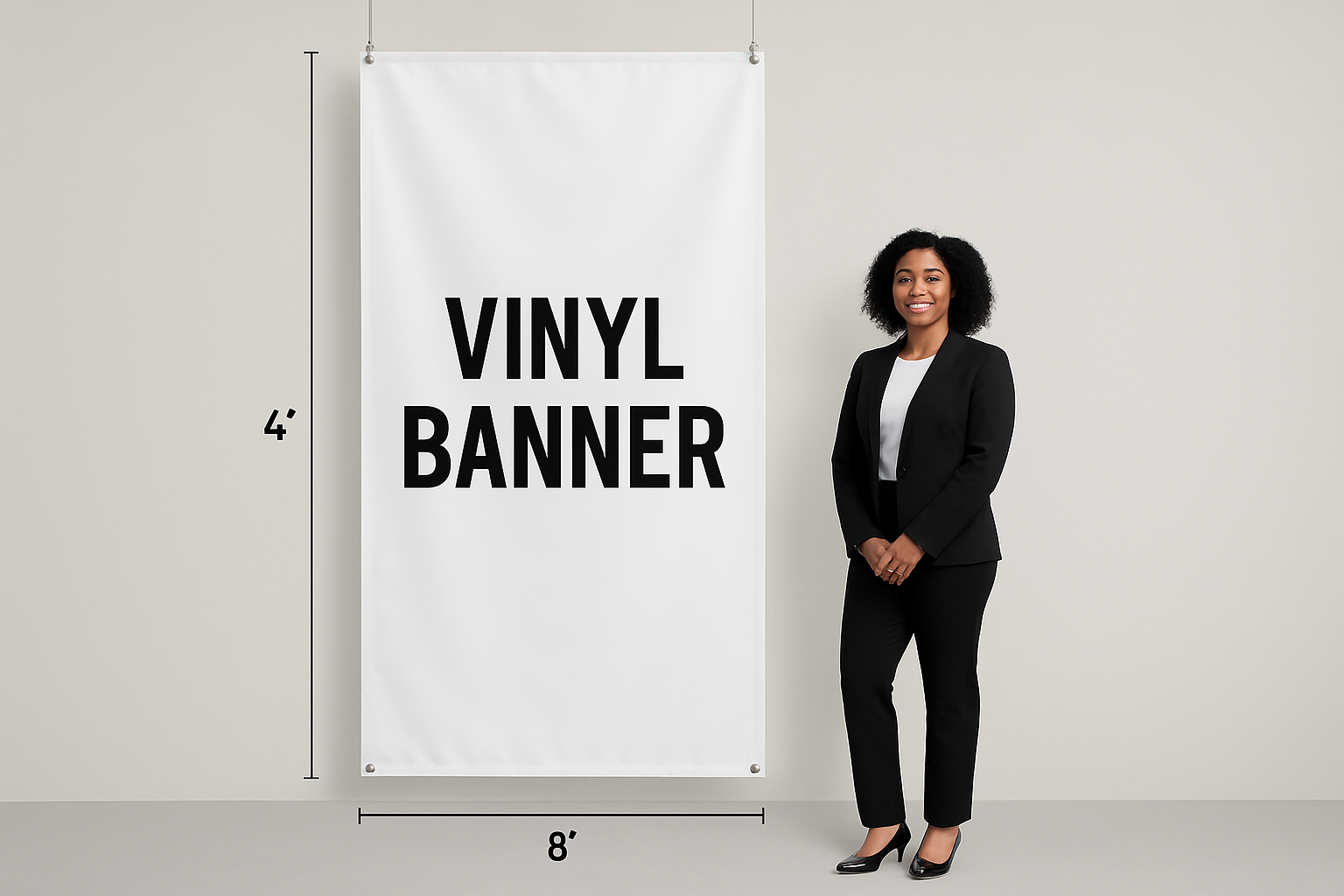 Hanging vinyl banner that shows the measurements 4’ x 8’ on the outside of the banner to show how big the banner is With an adult black female standing next to it that is adverage height
