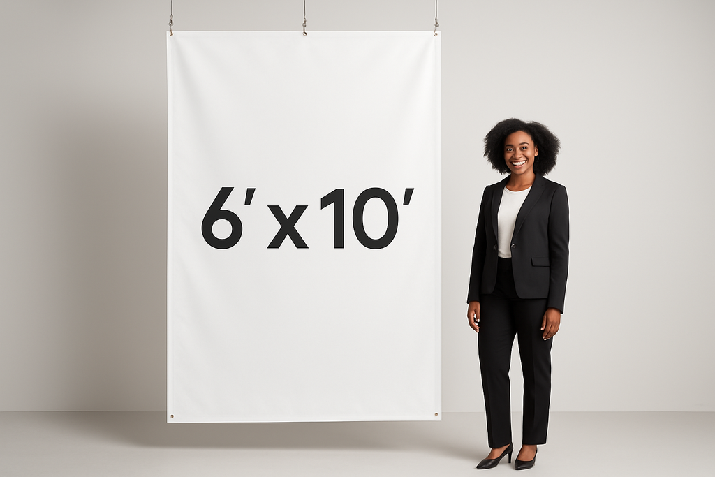 Hanging vinyl banner that shows the measurements 6’ x 10’ on the outside of the banner to show how big the banner is With an adult black female standing next to it that is adverage height