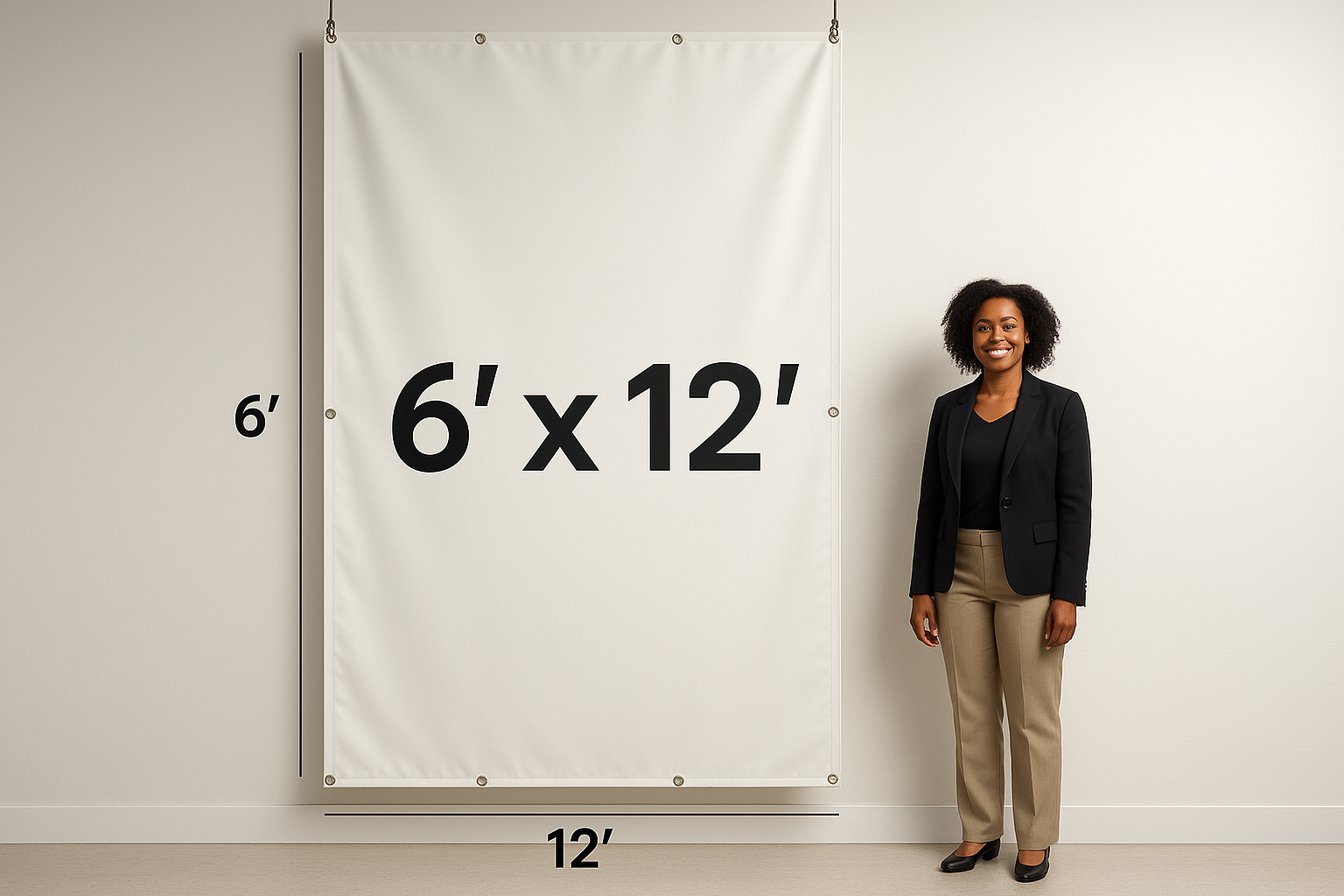 Hanging vinyl banner that shows the measurements 6’ x 12’ on the outside of the banner to show how big the banner is With an adult black female standing next to it that is adverage height