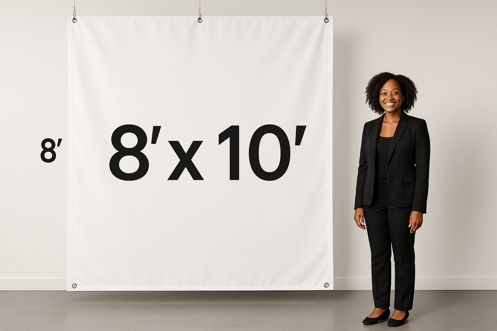 Hanging vinyl banner that shows the measurements 8’ x 10’ on the outside of the banner to show how big the banner is With an adult black female standing next to it that is adverage height