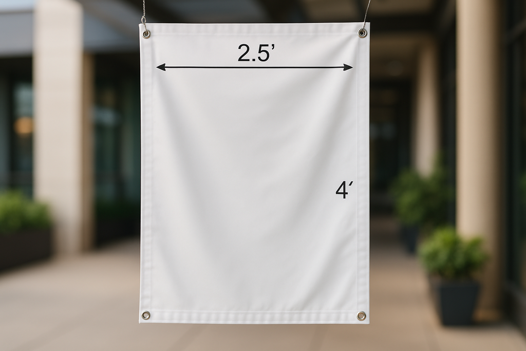 Product image of a hanging vinyl banner with the measurement of 2.5’ x 4’ on the outside to show how big the banner is