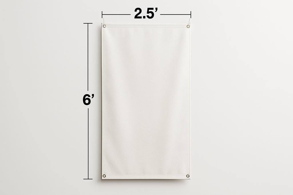 Product image of a hanging vinyl banner with the measurements of 2.5’ x 6’ on the outside to show how big the banner is