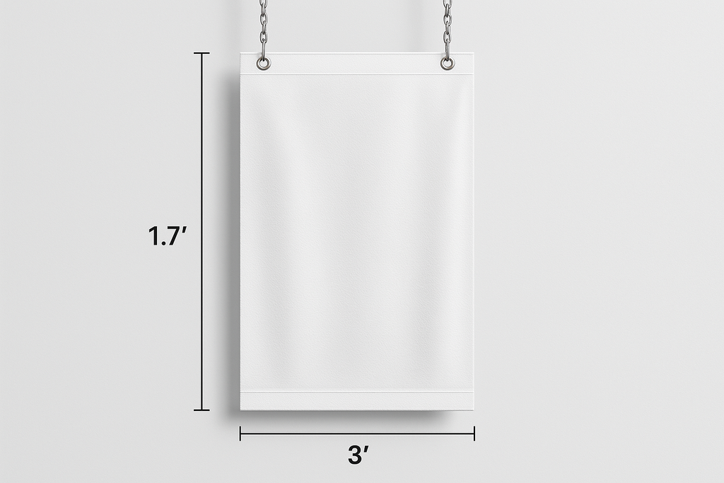 Product image of hanging vinyl banner with the measurements of 1.7’ x 3’ on the outside to show how big it is